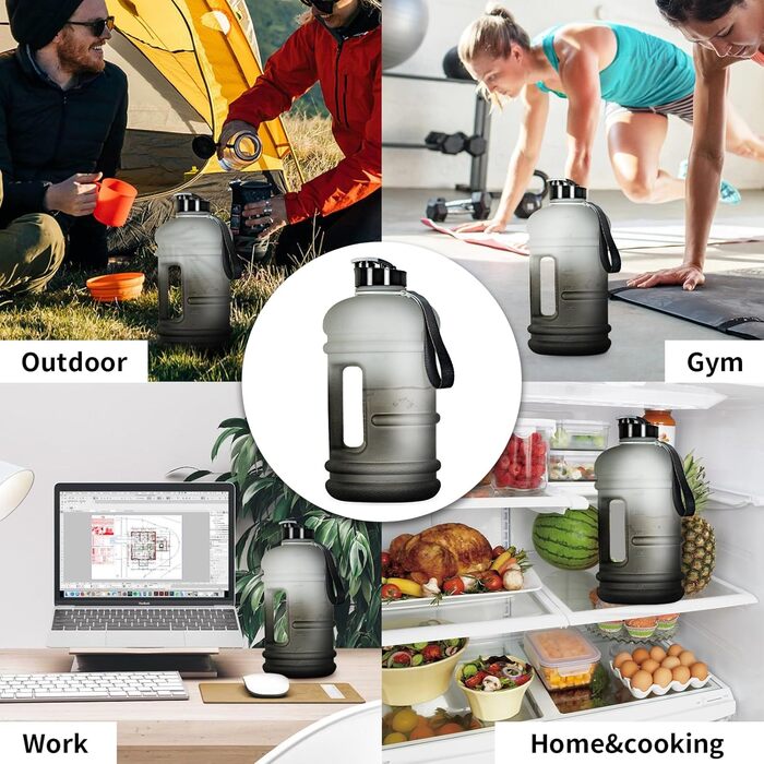 Спортивна пляшка TOOFEEL 2л, BPA Free, з мірною шкалою, багаторазова, чорна-біла для фітнесу та тренувань