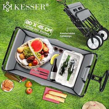 Складаний візок KESSER для транспортування, макс. 150 кг, 360° ПВХ-колеса, з бічною кишенею, 2 сітчастими кишенями та чохлом, ручний садовий візок без даху, синій (сірий/чорний)
