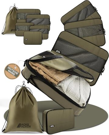 Набір органайзерів для валізи BACK&PACKER, 6 шт, з компресією, з переробленого матеріалу, оливковий, пакувальні куби та мішок для мокрого одягу