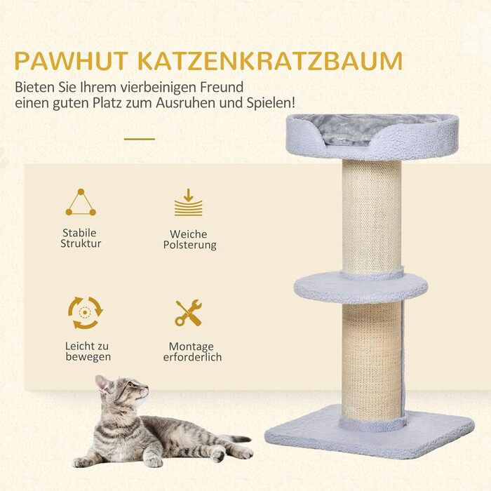 PawHut Когтеточка для котів 91 см, з лежаком, ігровий комплекс для котів до 5 кг, сизаль і штучна овеча шерсть, світло-блакитна