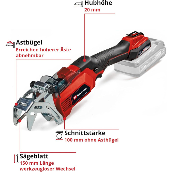 Акумуляторна гілкоріз Einhell GE-GS 18/150 Li-Solo Power X-Change 18В, зріз до 100 мм, хід 20 мм, знімна дуга, 2 пилки, без акумулятора