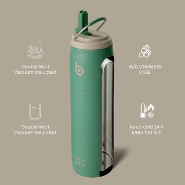 Термобутилка bottlebottle 946 мл з нержавіючої сталі із трубочкою та ручкою, ізольована, подвійні стінки, для спорту, подорожей і тренажерного залу, не протікає, BPA-free, зелена