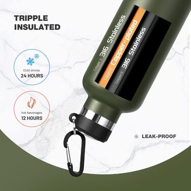 Термос-бутилка FEIJIAN FJbottle 316 з нержавіючої сталі, вакуумна, 1000 мл, з карабіном, BPA-free, спортивна, герметична, темно-зелена – для спорту, роботи та подорожей