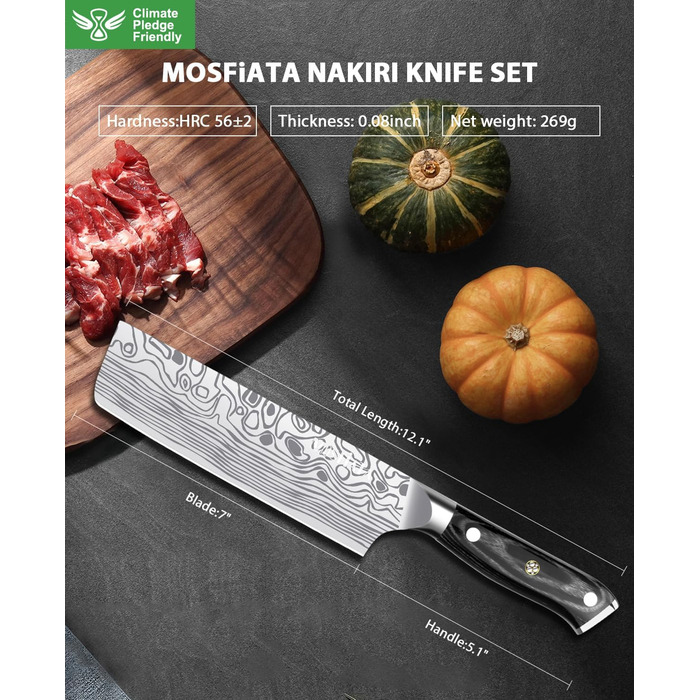 Nakiri ніж MOSFiATA для овочів та м'яса, універсальний кухонний ніж з німецької нержавіючої сталі EN1.4116, з захистом для пальців та леза, у подарунковій коробці