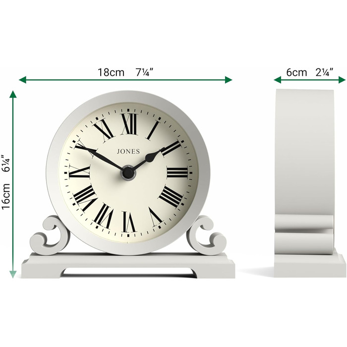 Годинник настільний JONES CLOCKS Saloon, класичний стиль, римські цифри, подвійний скрол, сірий, для столу, полиці чи тумби