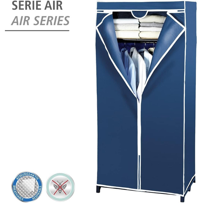 Тканинна шафа WENKO Air, дихаючий органайзер для одягу, металевий каркас, легка збірка, 75x150x50 см, темно-синя з полицею
