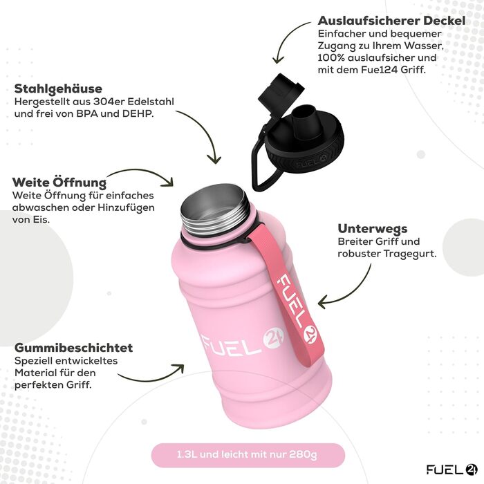Потужна питна пляшка з нержавіючої сталі 1,3 л, рожевий – герметична, BPA Free, спортивна фляга для води для дорослих, тренажерного залу та фітнесу