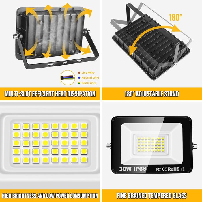LED прожектори RIGIDON 2x75W 7500Лм, IP66, холодне світло 6000K, водонепроникні зовнішні світильники для вулиці, саду, гаража, готелю, спортмайданчика, майстерні