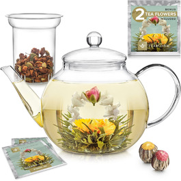Скляний чайник Teabloom 1,2 л з фільтром, термостійкий, для чаю, для мікрохвильовки, 2 чайні квітки в комплекті