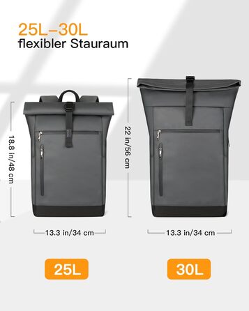 Рюкзак Inateck RollTop 25-30 л для чоловіків і жінок, велосипедний, шкільний, для університету, роботи, спорту та подорожей, з відділенням для ноутбука 17'' (сірий, стильний дизайн)