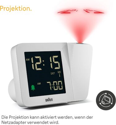 Проекційний радіо-годинник Braun BC15W-DCF з негативним LCD-дисплеєм, DCF, швидке налаштування та звуковий будильник, білий