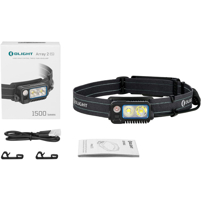 Налобний ліхтар OLIGHT Array 2 Pro з LED, жестовим сенсором, 1500 лм, 150 м, USB-C, акумуляторний, 3 режими з червоним світлом, 60° регулювання, міні-ліхтар, SOS-модуль