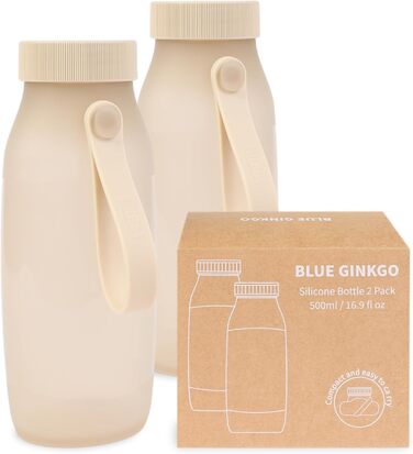 Складні силіконові пляшки для води BLUE GINKGO 500 мл, 2 шт., для подорожей, туризму, кемпінгу, легкі, бежеві, виготовлені в Кореї