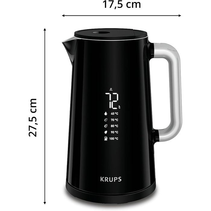Електрочайник Krups Smart'n Light, 1,7 л, 5 температур, нержавіюча сталь, подвійна стінка, чорний