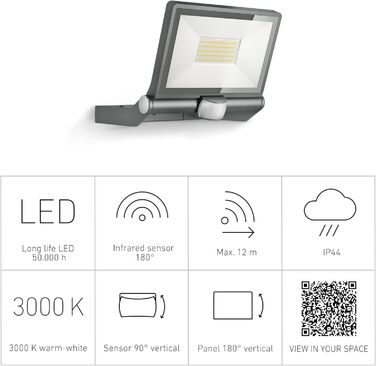 Світлодіодний прожектор Steinel XLED ONE XL 42,6 Вт, 4200 лм, з датчиком руху, антрацит, для вулиці, під'їзду, будинку та саду, алюмінієвий