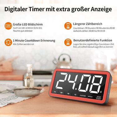 Великий цифровий таймер VOCOO з LED-екраном 19,8 см, магнітом, регульованою яскравістю і гучністю, 4 сигналами, кухонний таймер, для класу, спортзалу, чорний+помаранчевий
