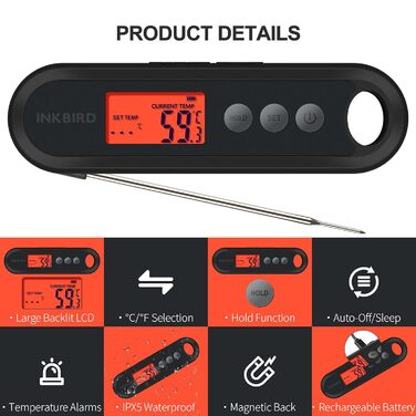 Цифровий кулінарний термометр Inkbird IHT-2XP, USB-зарядка, водостійкий IPX5, з LCD-дисплеєм та 2 зовнішніми зондами для м'яса, гриля, кухні та BBQ