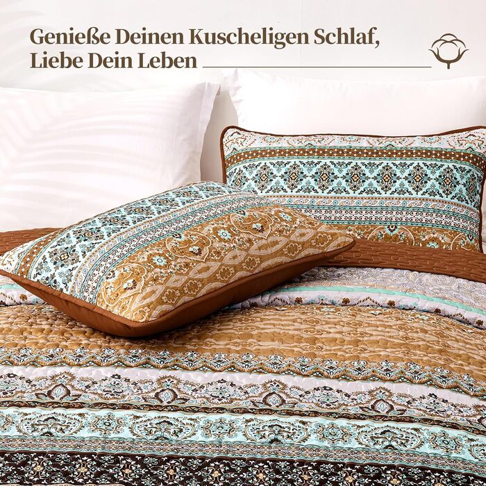 Покривало WONGS BEDDING 220x240 см Boho, стьобане, мікрофібра, 3 предмети: покривало та 2 наволочки 50x70, для двоспального ліжка, коричневе, для спальні чи дивана