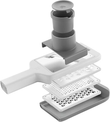 Терка кухонна ZWILLING Z-Cut, багатофункціональна, нержавіюча сталь, 4 змінні насадки, двостороннє натирання, з лотком, сіра