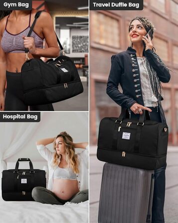 LOVEVOOK спортивна дорожня сумка 50 л для жінок, з відділенням для взуття та вологих речей, водонепроникна тренувальна сумка з косметичкою, ручна поклажа для подорожей і спортзалу, чорна