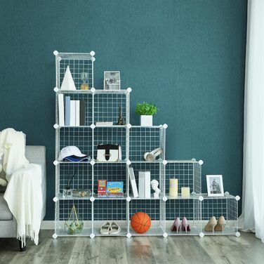 SONGMICS Модульний стелаж 16 кубів, металевий дротовий органайзер, білий, DIY з сіткою для зберігання