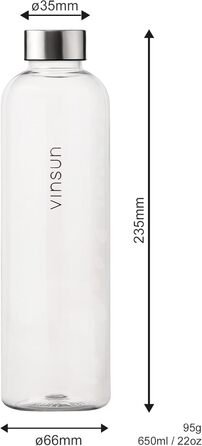 Пляшка для води VINSUN 650 мл – тританова, прозора, герметична, без BPA, для газованої води, спорт, школа, офіс, велосипед