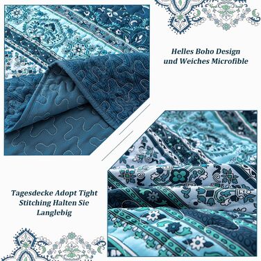 Покривало WONGS BEDDING 220x240 см, стьобане, комплект 3-в-1, мікрофібра, бохо стиль, темно-синє, з 2 наволочками 50x70 см, для двоспального ліжка або дивану