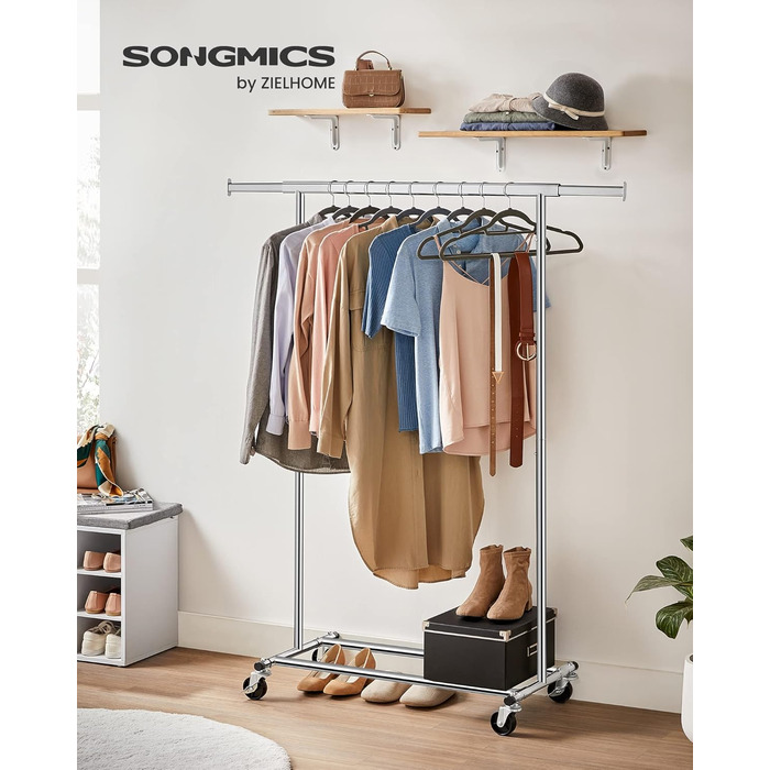 SONGMICS міцна стійка для одягу на колесах, 2 шт, розсувна, витримує до 90 кг, з полицею для коробок, складана, срібляста