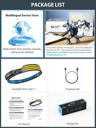Лобовий ліхтар Smiling Shark, 230° широкий кут, 3 LED, біле світло, 2 шт., надяскравий, водонепроникний, акумуляторний для бігу, кемпінгу