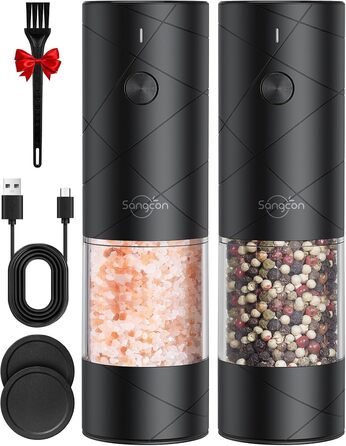 Sangcon електричні млинки для солі та перцю, 2 шт, USB зарядка, з LED підсвіткою, велика ємність, автоматичне помел, регульований ступінь помелу, універсальні
