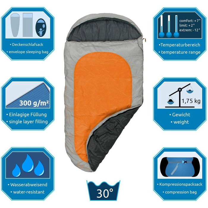 Дитячий спальний мішок Fridani XXL 180x90 см, теплий, водостійкий, до -12°C, помаранчевий, праний