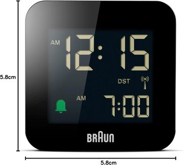 Цифровий дорожній будильник Braun BC08B-DCF, чорний, з функцією відкладення, компактний, негативний LCD-дисплей, гучний наростаючий сигнал, для Центральноєвропейського часового поясу