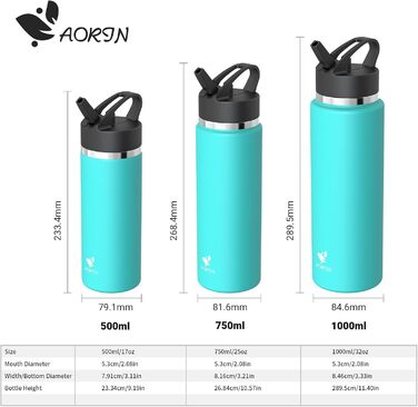 AORIN Термос-пляшка з нержавіючої сталі 1 л, вакуумна, з трубочкою, BPA-free, для дітей, спорту, школи, фітнесу, м'ятна