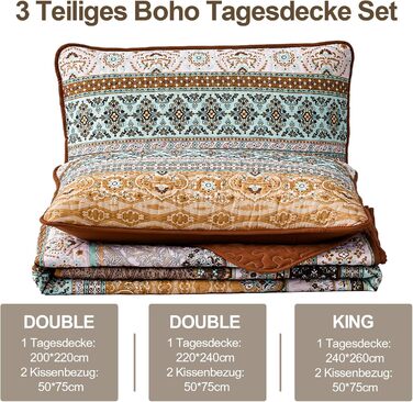 Покривало WONGS BEDDING 220x240 см Boho, стьобане, мікрофібра, 3 предмети: покривало та 2 наволочки 50x70, для двоспального ліжка, коричневе, для спальні чи дивана