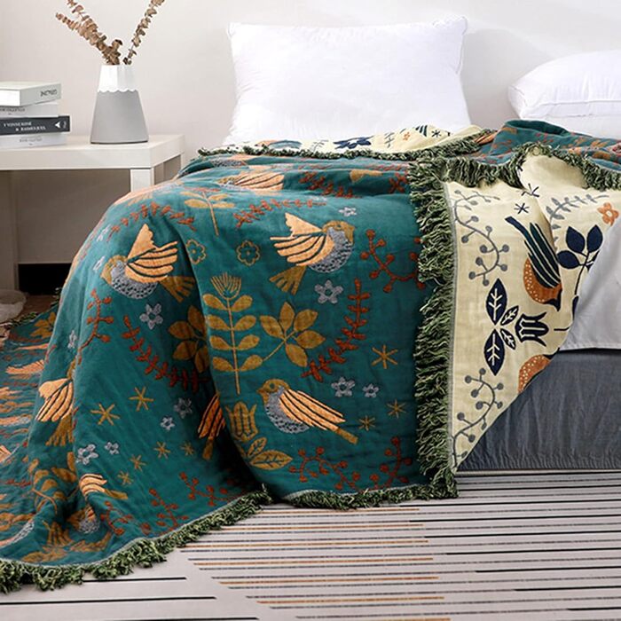Двосторонній плед Boho 100% бавовна 200×230 см, мусліновий покривало для дивану, крісла та ліжка, м'який і затишний, синьо-бежевий