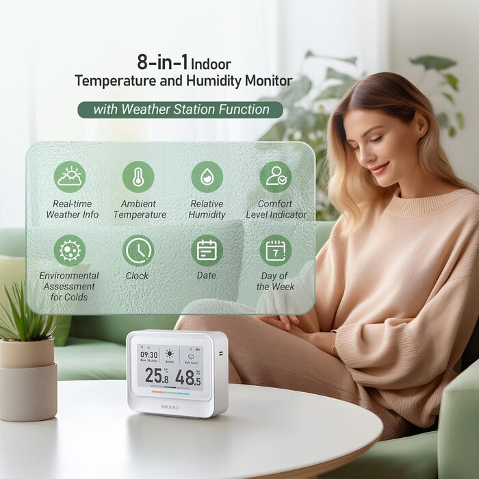 WiFi-термометр і гігрометр INKBIRD IBS-TH5, 8-в-1, з електронним чорнильним дисплеєм, прогнозом погоди, керуванням через додаток і сповіщеннями для дому