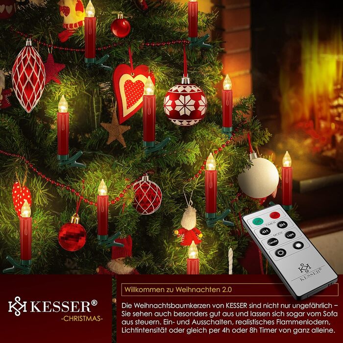 KESSER LED ялинкові свічки 30 шт., бездротові, різнокольорові, з пультом, таймером, мерехтінням, димміровані, з батарейками, кріплення, червоні