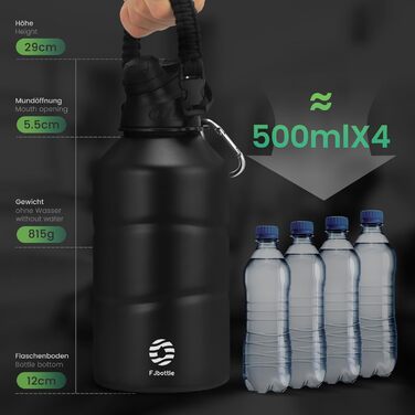Термос Fjbottle 1900 мл з нержавіючої сталі, магнітна кришка, подвійні стінки, BPA Free, для води, газованих напоїв, спорт, фітнес, кемпінг, чорний