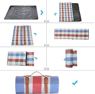 Пікнікова ковдра LIYUABU 150x200 см, водонепроникна, велика складна пляжна ковдра зі смугастим червоно-синім візерунком, ізоляційна, з ручкою для перенесення, для пікніка, кемпінгу, парку, пляжу
