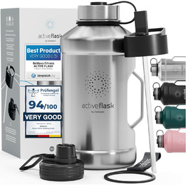 Спортивна пляшка з нержавіючої сталі ACTIVE FLASK 2 л з трубочкою, 3 кришки, BPA-free, не протікає, для газованої води, XL пляшка для спорту, фітнесу, туризму