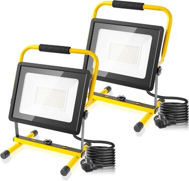 Набір з 2 LED прожекторів wowspeed 100W 10000Лм, холодне біле світло 6500K, водонепроникні (IP66) будівельні лампи зі шнуром 3м і штекером для майстерні та будівництва