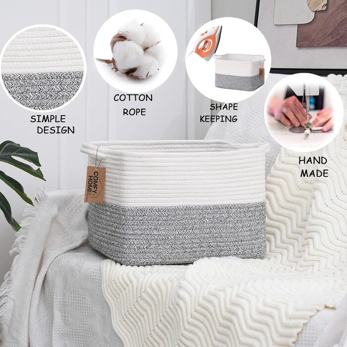COMFY-HOMI кошик з бавовняного каната з ручками для іграшок, книг та полиць, органайзер для зберігання 34,3×27,9×24,1 см, біло-сірий
