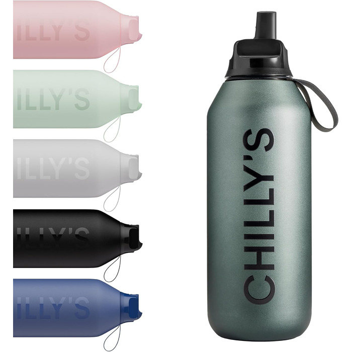 Термобутилка Chilly's Series 2 Flip із спортивною кришкою, телескопічною трубочкою, нейлоновою ручкою, з нержавіючої сталі, 500 мл, омбре Slate, з щіткою для трубочки