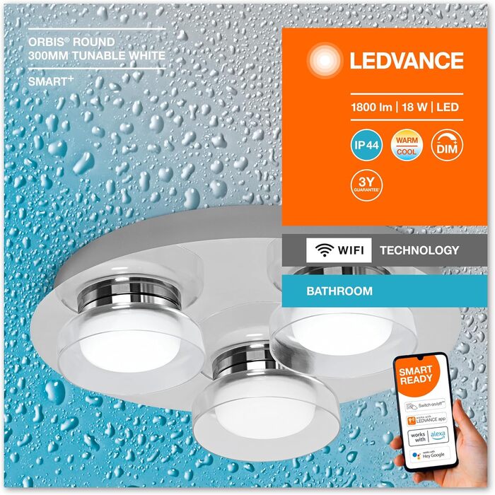 Розумна LED лампа LEDVANCE Orbis Round для ванної, 18Вт, 1800Лм, 3000-6500К, 30см, IP44, хром, диммована, WiFi, керування через додаток і голосових асистентів