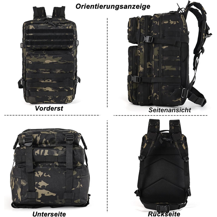 Тактичний рюкзак 45 л для подорожей, військовий рюкзак для outdoor, туристичний рюкзак з липучкою, Bundeswehr, для пригод (світло-чорний)