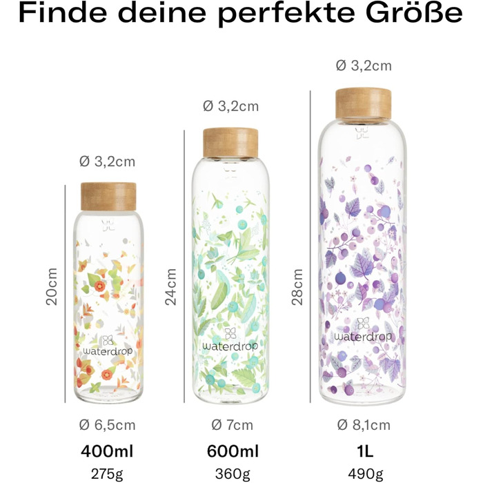 Скляна пляшка для води waterdrop® Edition 600 мл, боросилікат, герметична, підходить для газованої води, BPA-free, з неопреновим чохлом, можна мити в посудомийці