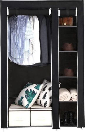 Тканинна шафа SONGMICS XL з вішалкою, складана, для одягу, 110x175x45 см, чорна, LSF007, органайзер для зберігання, кемпінг