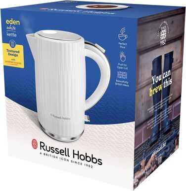 Електрочайник Russell Hobbs Eden 1,7 л 2400 Вт, білий, нержавіюча сталь, знімний фільтр, відкривання кришки кнопкою, індикатор рівня води, підсвітка, BPA free 27360-70