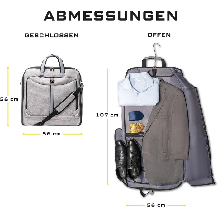 Дорожній чохол для костюмів Kleidersack Luxe Grijs на 3 костюми, з плечовим ременем та кишенями, ручна поклажа для подорожей і відряджень