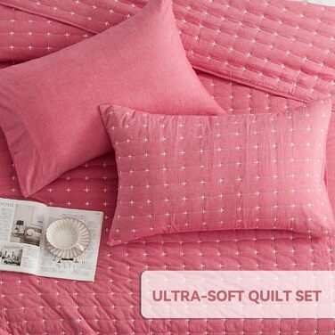 Покривало Qucover 220x240 см рожеве, бавовна, ультрам'яке, з вишивкою, комплект з 2 наволочками, стьобане покривало для ліжка або дивану